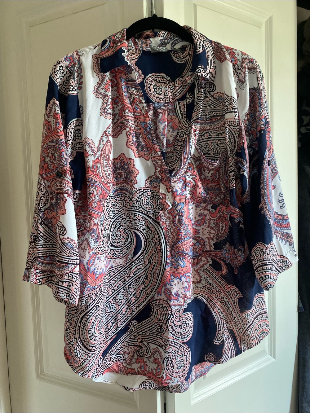 New York & Company Navy Blue and Pink Paisley Blouse